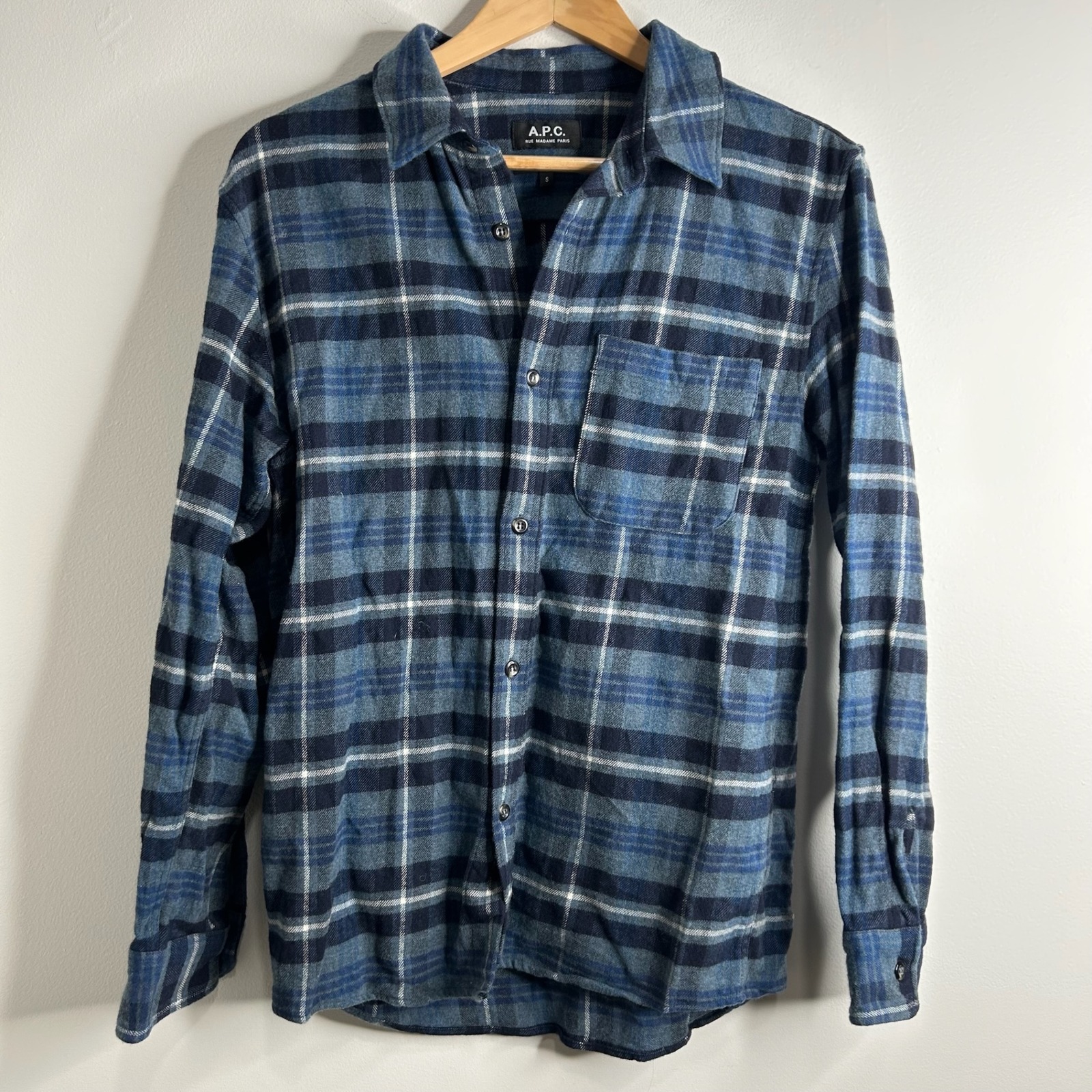 A.P.C Rue Madame Paris Plaid Flannel Button Up Shirt Mens Size S Blue Wool Blend